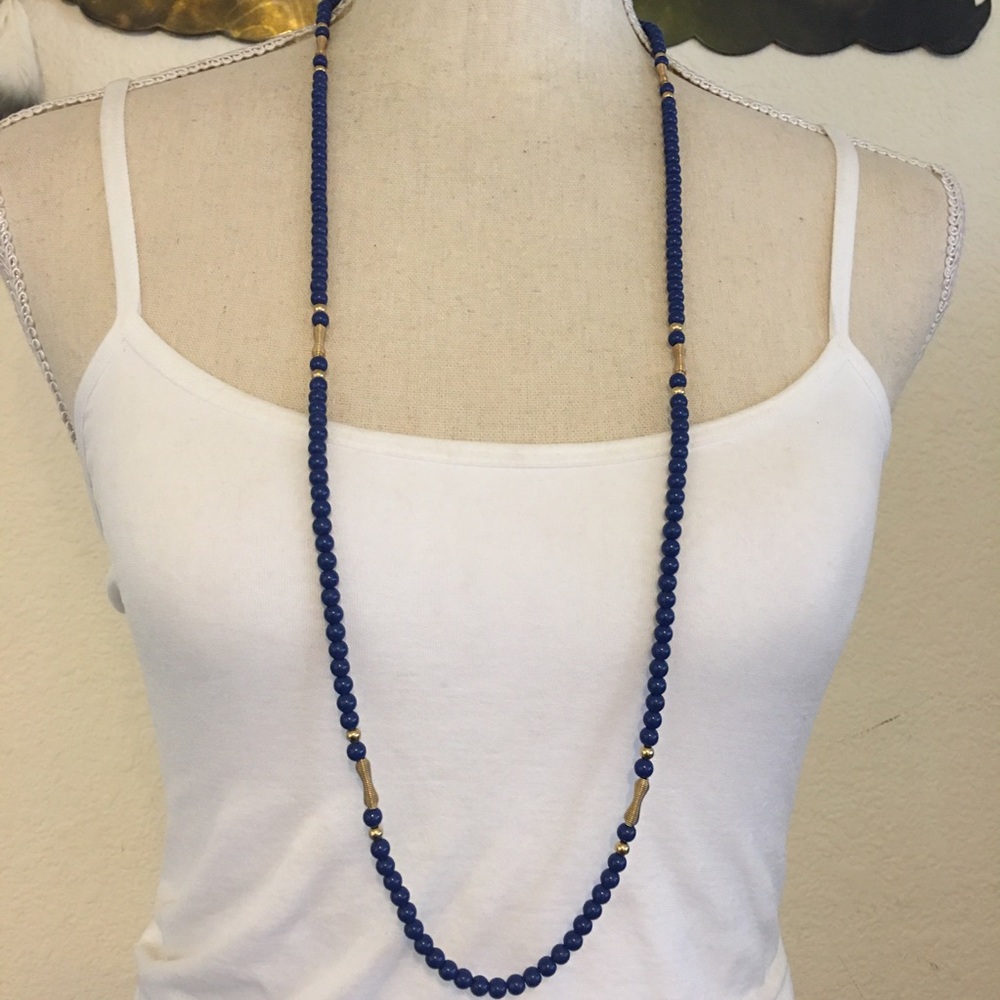 Vintage royal blue gold coil long necklace